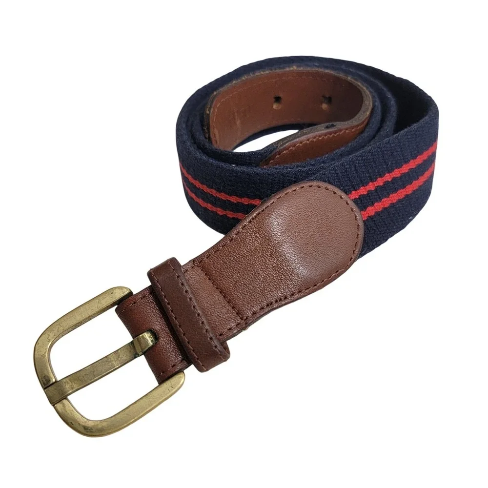 Mens Navy Red Striped Canvas Leather Belt Brass Italy Buckle Size 36 Preppy